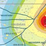 Seismic risk map around the New Madrid zone showing color rings from red (high risk) outward, with Memphis and Arkansas labeled.