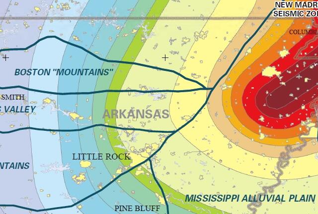 Seismic risk map around the New Madrid zone showing color rings from red (high risk) outward, with Memphis and Arkansas labeled.