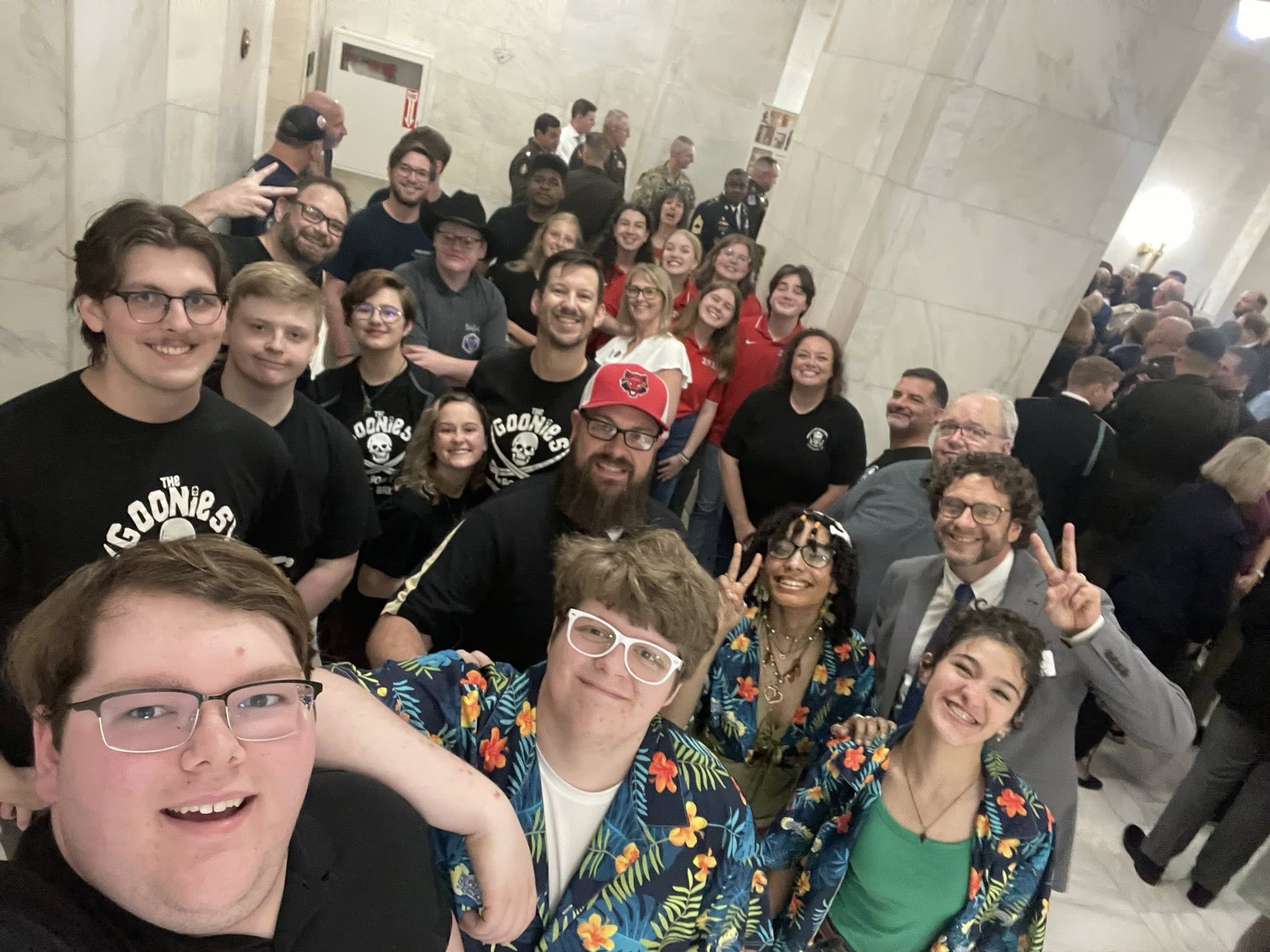 The Tech Titans take a selfie with other Arkansas robotics teams in the state capitol. 
