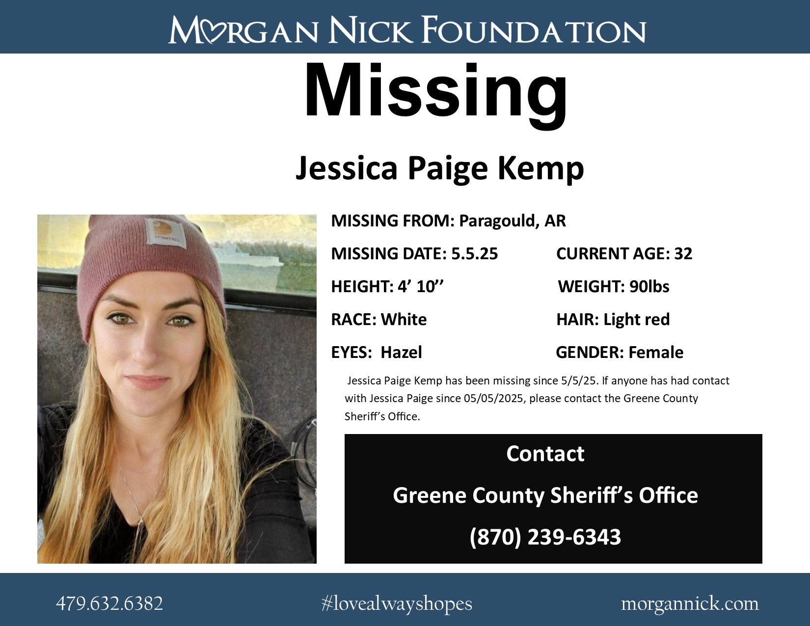 Greene County Sheriff missing person flyer for Jessica Kemp