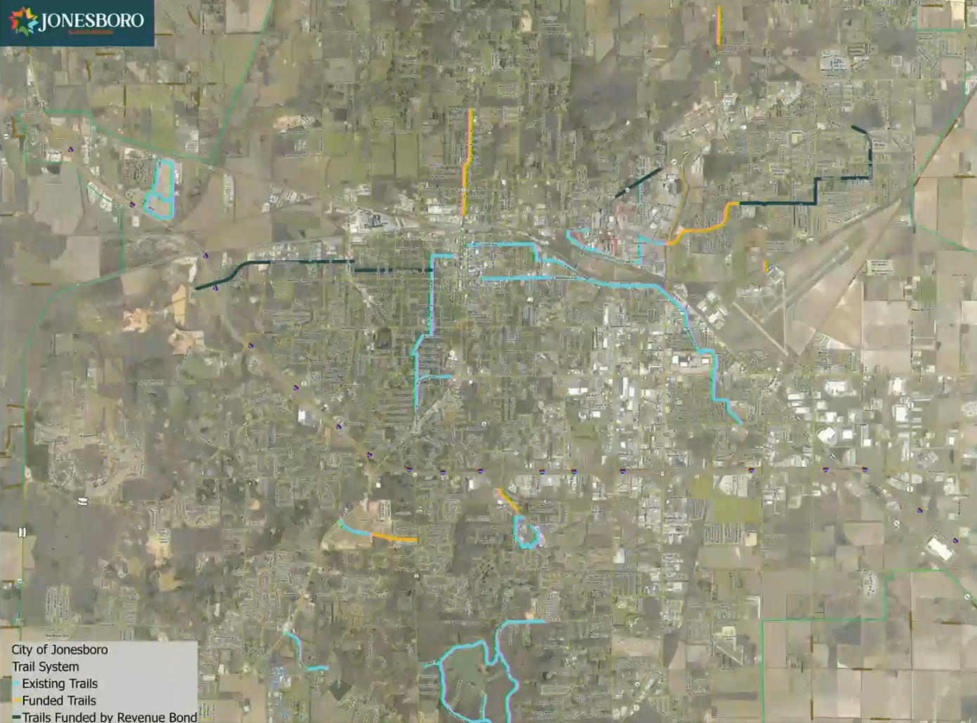 A map depicting pedestrian and bike-friendly trails in Jonesboro.