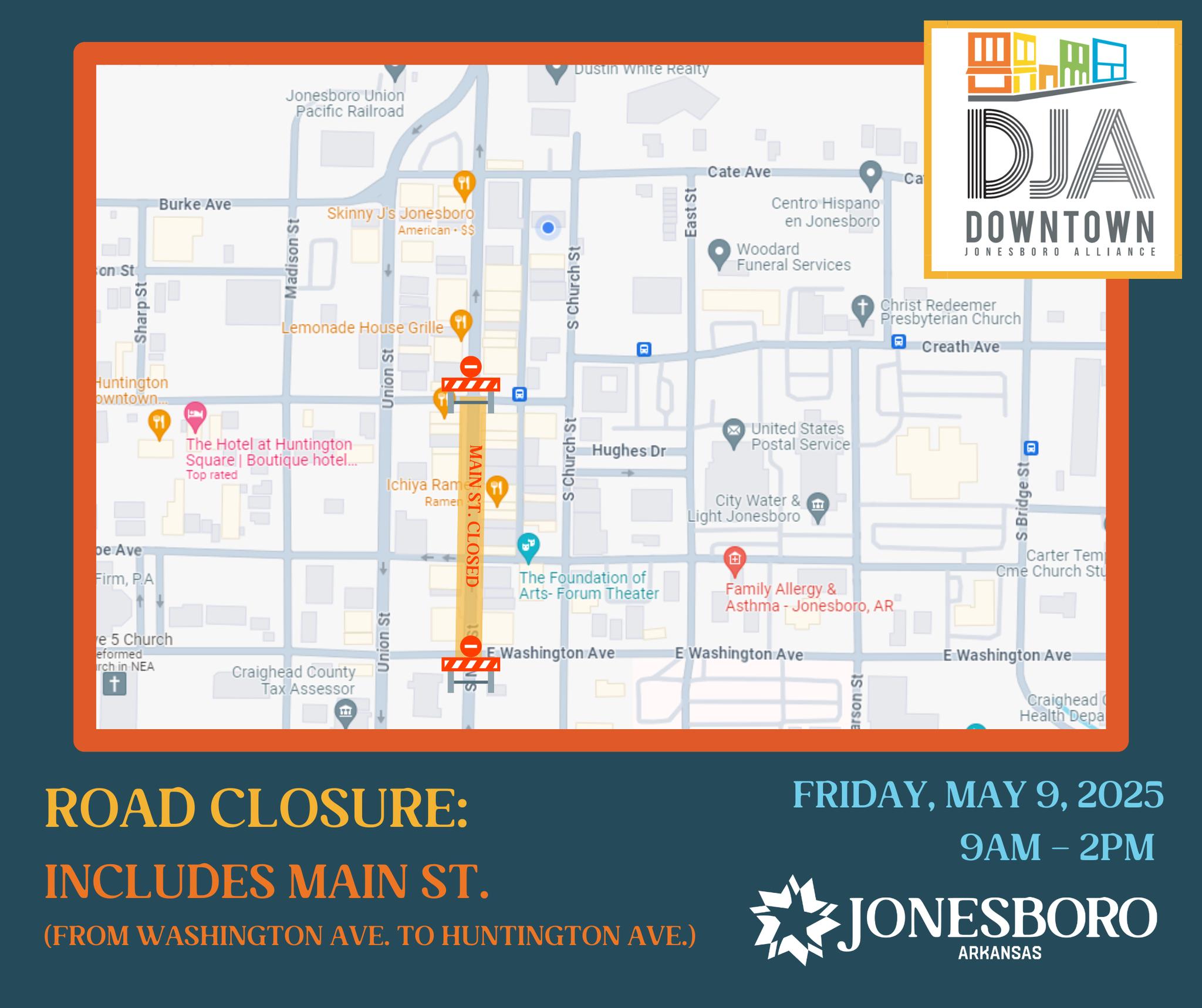 Map depicting road closures for Friday, May 9