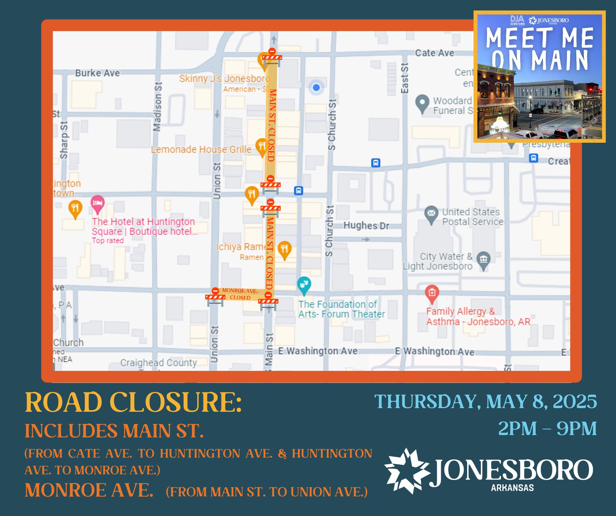 Map depicting road closures for Thursday, May 8