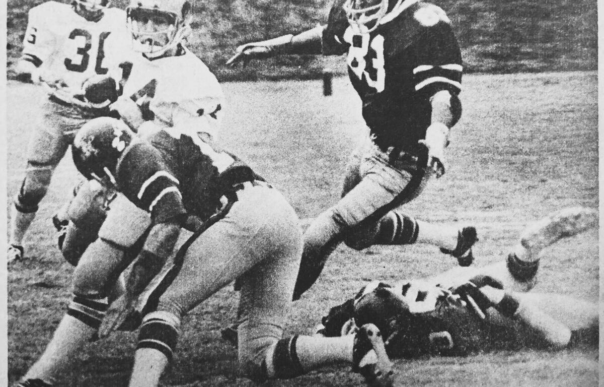 John Lorick and Robert Speer on a tackle for the 1975 undefeated Arkansas State Indians football team
