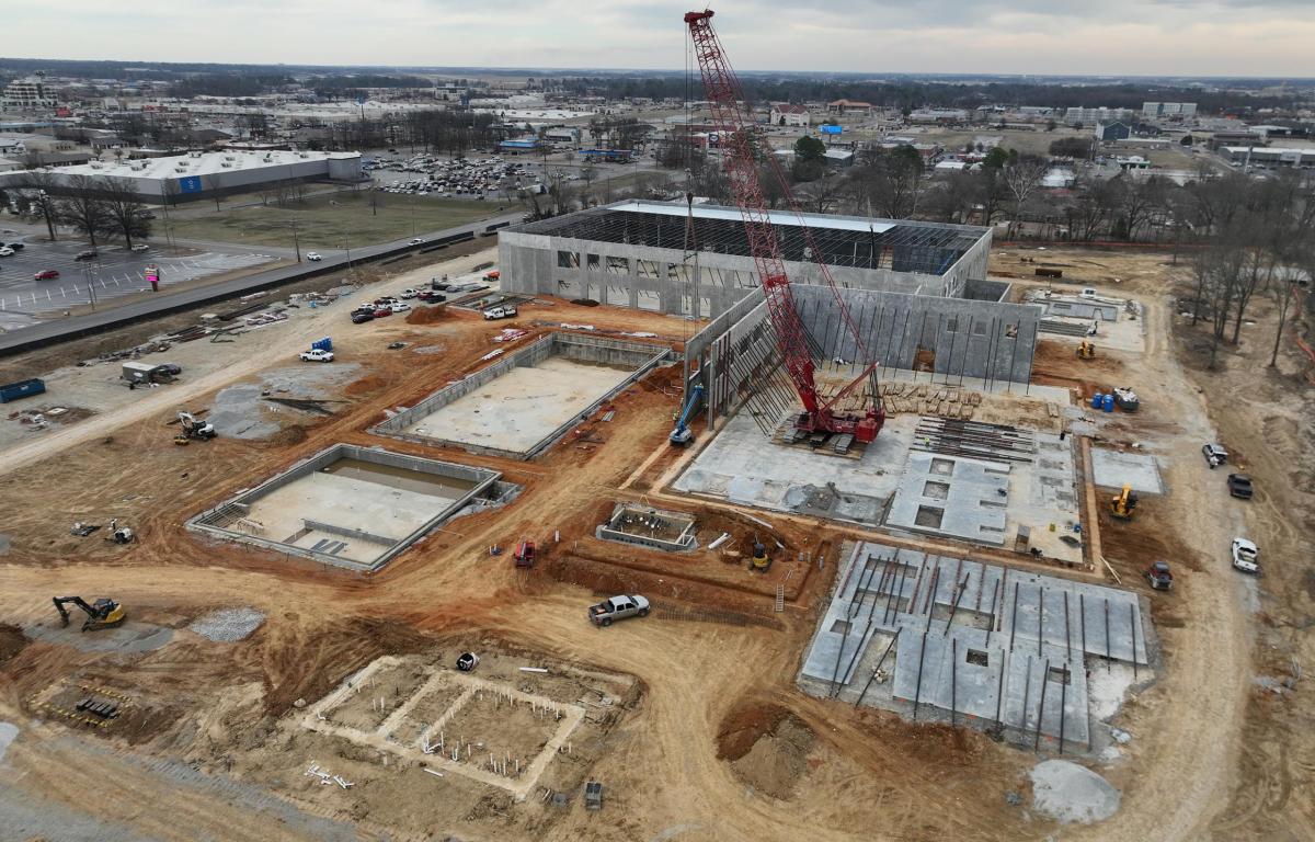 drone shot of the construction of the ridge athletics center