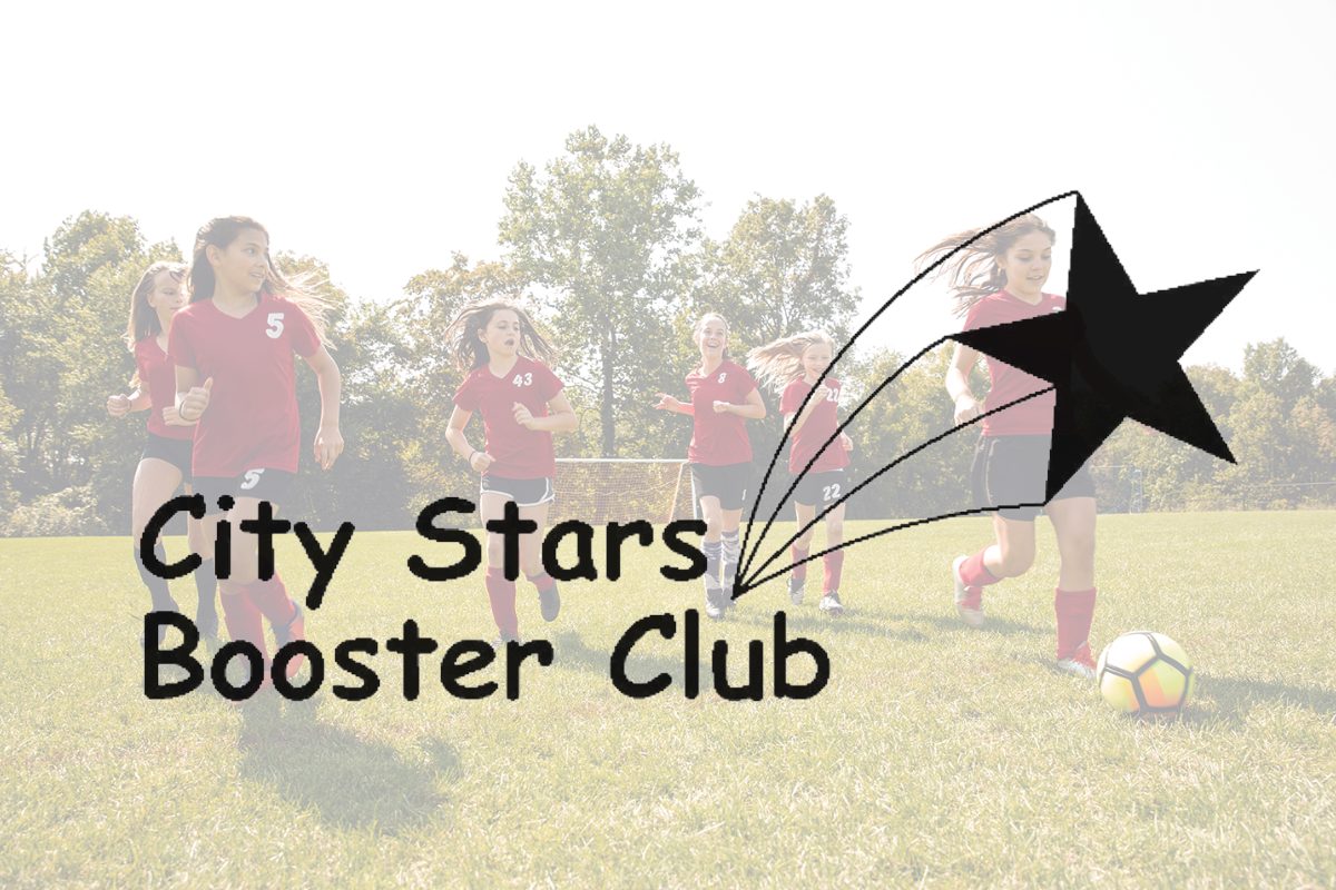 girls playing soccer in red uniforms with city stars booster club