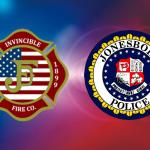 JFD badge and JPD badge with blue and red light background