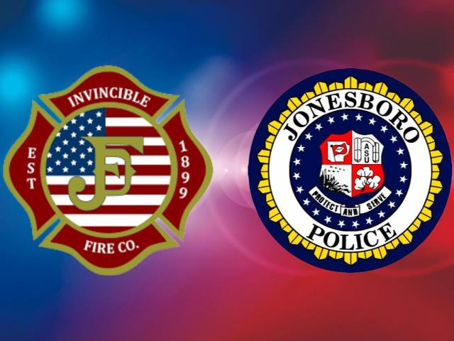 JFD badge and JPD badge with blue and red light background
