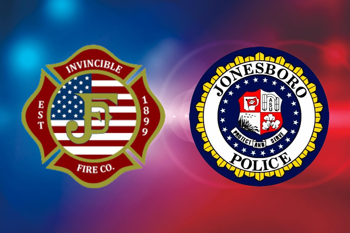 JFD badge and JPD badge with blue and red light background