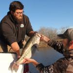 A man hands a large bass off to another man