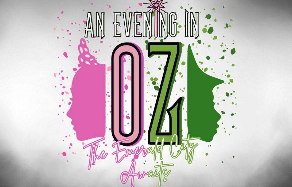 an evening in oz logo with pink and green