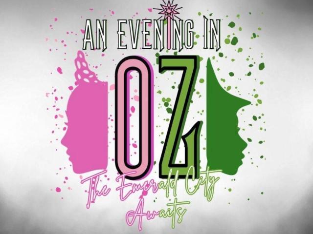 an evening in oz logo with pink and green