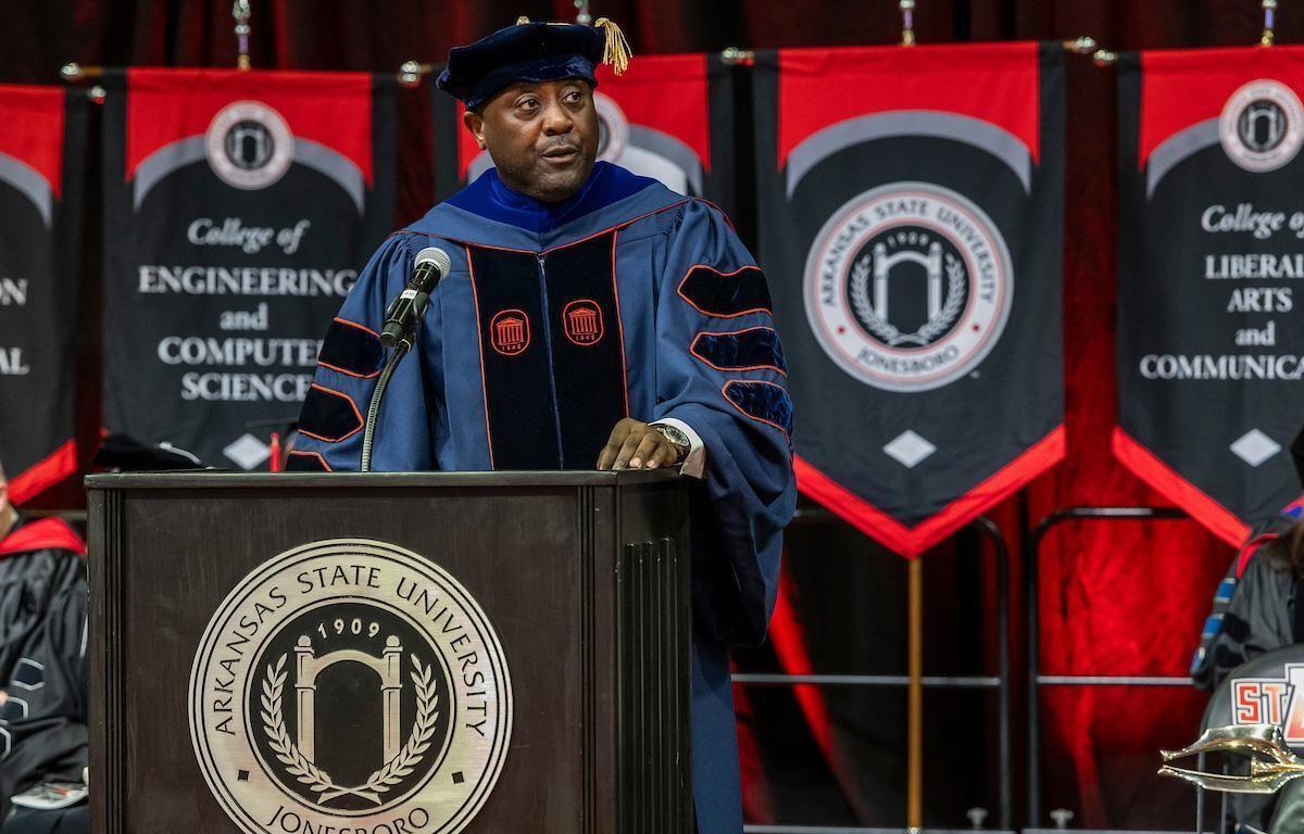 Provost and Executive Vice Chancellor Dr. Calvin White Jr. addresses the graduating class during the Fall Commencement morning ceremony at Arkansas State University.