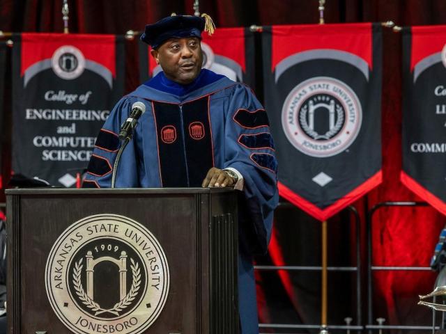 Provost and Executive Vice Chancellor Dr. Calvin White Jr. addresses the graduating during the Fall Commencement morning ceremony at Arkansas State University.