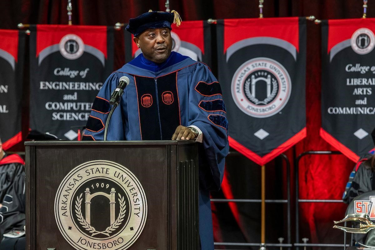 Provost and Executive Vice Chancellor Dr. Calvin White Jr. addresses the graduating during the Fall Commencement morning ceremony at Arkansas State University.