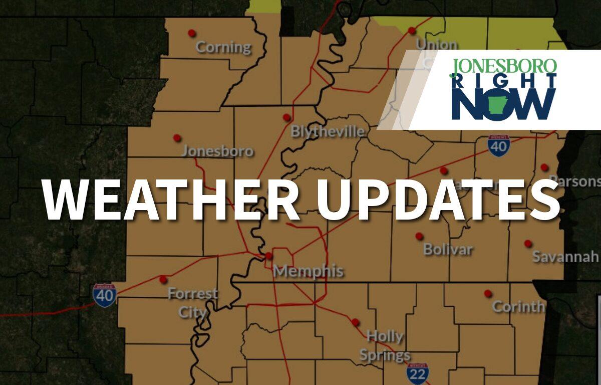 Regional weather map with brown shading, red pins marking cities (Jonesboro, Memphis, Blytheville) and the headline 'WEATHER UPDATES'; logo in top-right reading 'Jonesboro Right Now'.