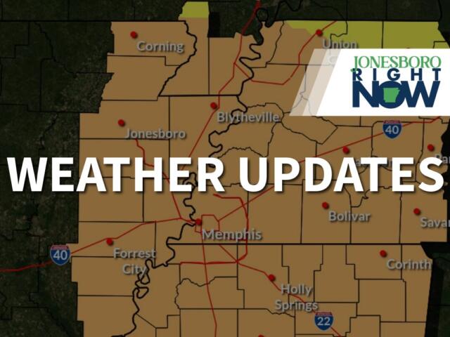 Regional weather map with brown shading, red pins marking cities (Jonesboro, Memphis, Blytheville) and the headline 'WEATHER UPDATES'; logo in top-right reading 'Jonesboro Right Now'.