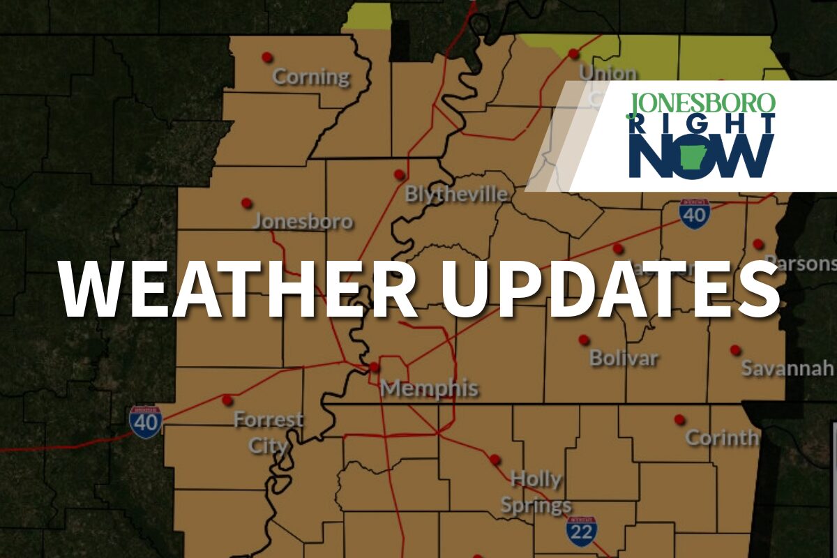 Regional weather map with brown shading, red pins marking cities (Jonesboro, Memphis, Blytheville) and the headline 'WEATHER UPDATES'; logo in top-right reading 'Jonesboro Right Now'.