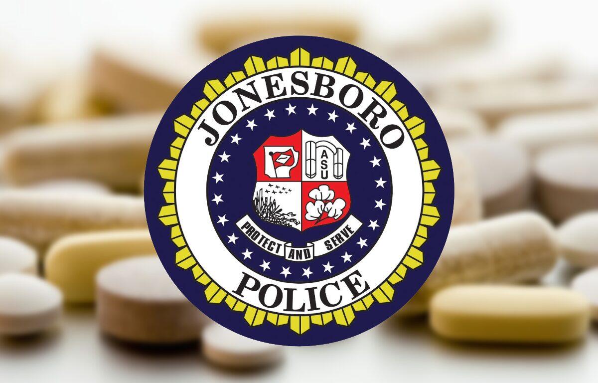 Jonesboro Police Department seal over a blurred background of scattered pills.