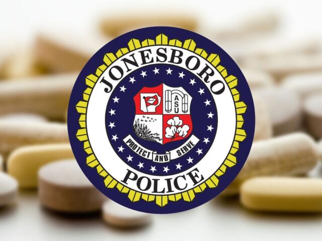 Jonesboro Police Department seal over a blurred background of scattered pills.