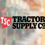 Tractor Supply Co. logo on a blurred store interior background with red shield and bold letters