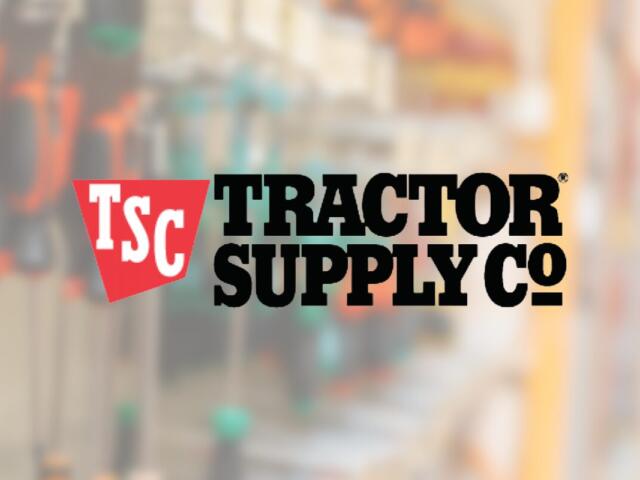 Tractor Supply Co. logo on a blurred store interior background with red shield and bold letters