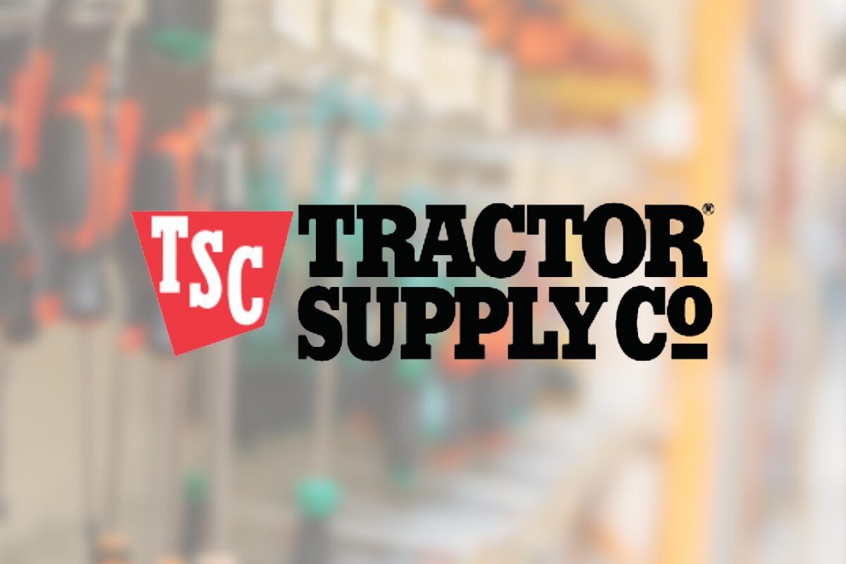 Tractor Supply Co. logo on a blurred store interior background with red shield and bold letters