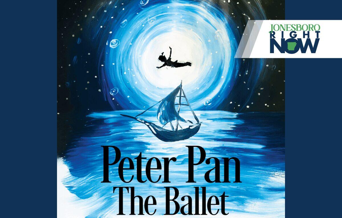Poster advertising Peter Pan: The Ballet with a blue swirling night sky, a small sailboat on water, and a silhouetted figure leaping in the center; Jonesboro Right Now banner top-right.