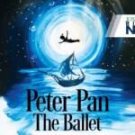 Poster advertising Peter Pan: The Ballet with a blue swirling night sky, a small sailboat on water, and a silhouetted figure leaping in the center; Jonesboro Right Now banner top-right.