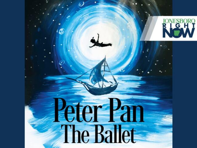 Poster advertising Peter Pan: The Ballet with a blue swirling night sky, a small sailboat on water, and a silhouetted figure leaping in the center; Jonesboro Right Now banner top-right.