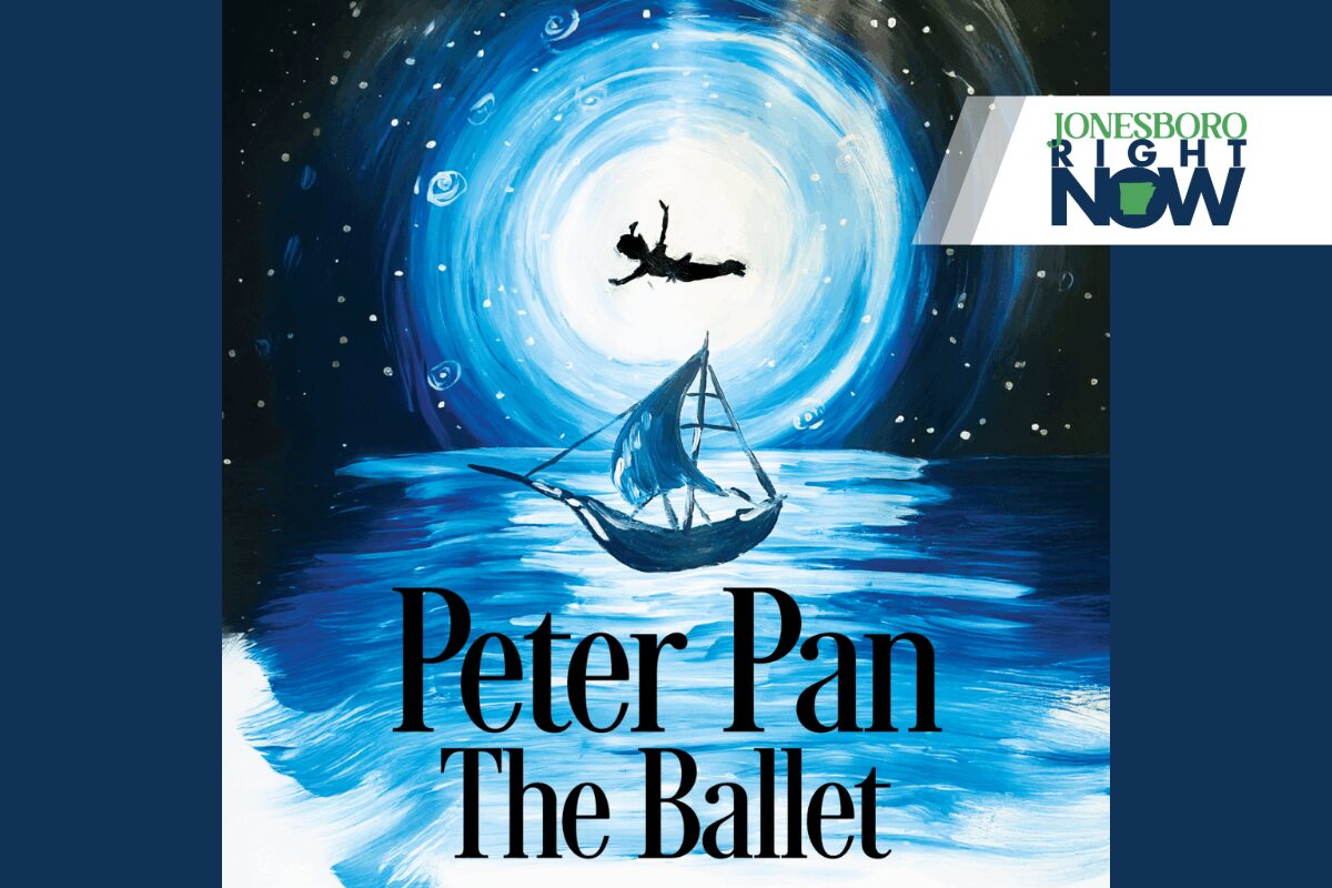 Poster advertising Peter Pan: The Ballet with a blue swirling night sky, a small sailboat on water, and a silhouetted figure leaping in the center; Jonesboro Right Now banner top-right.