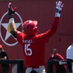 baseball player with 15 on jersey throwing hands in air