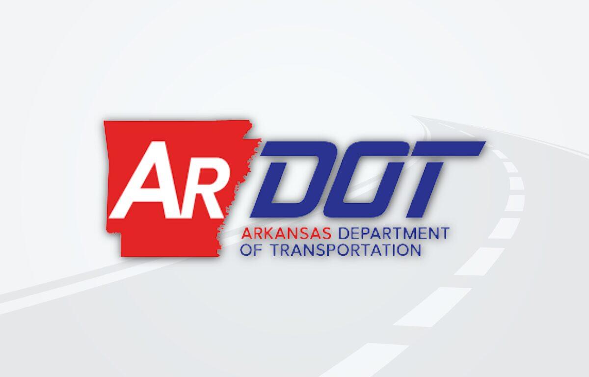 ARDOT logo featuring a red 'AR' block and blue 'DOT' lettering with the caption 'Arkansas Department of Transportation' and a curved road motif in the background.