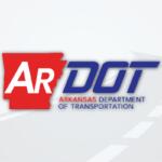 ARDOT logo featuring a red 'AR' block and blue 'DOT' lettering with the caption 'Arkansas Department of Transportation' and a curved road motif in the background.