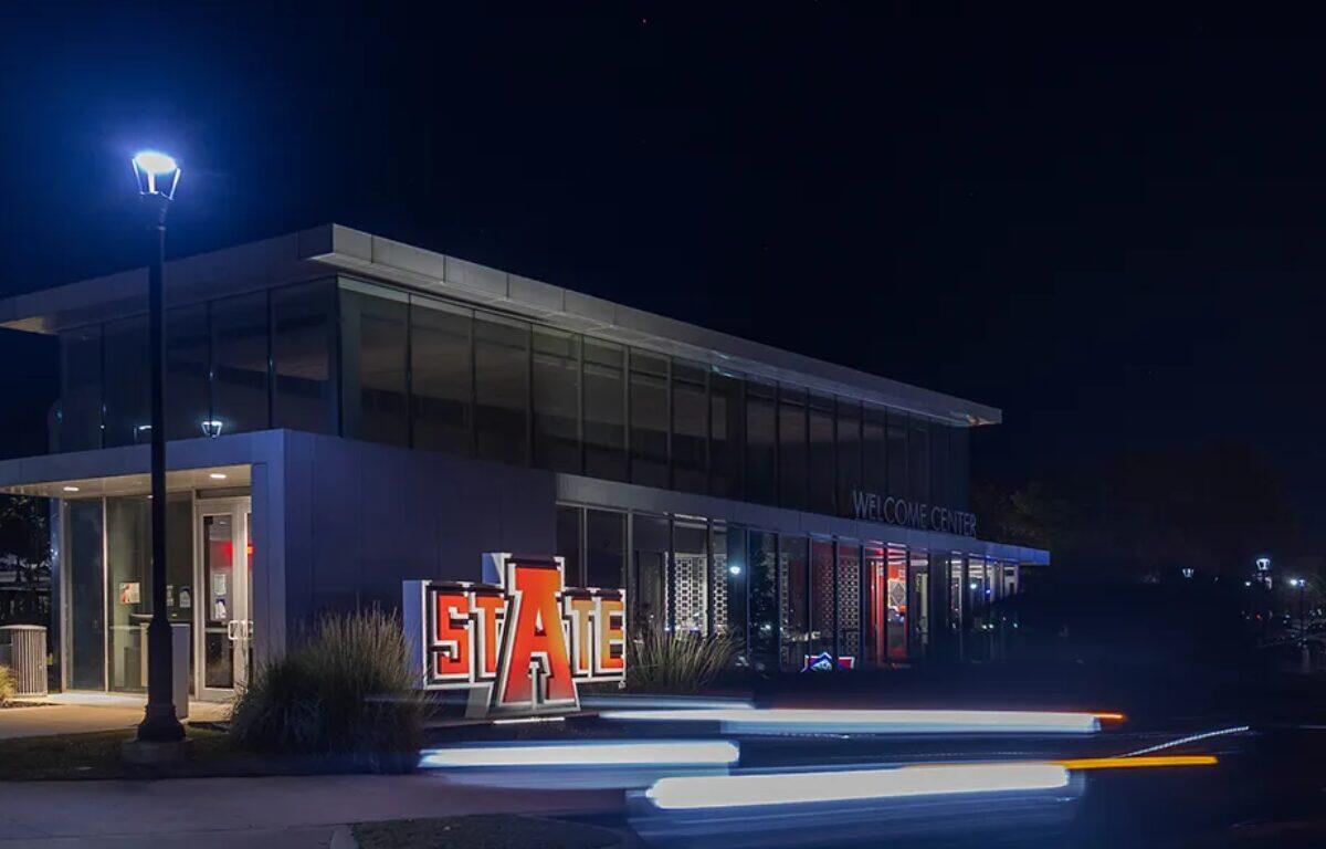 A-State Welcome Center at night