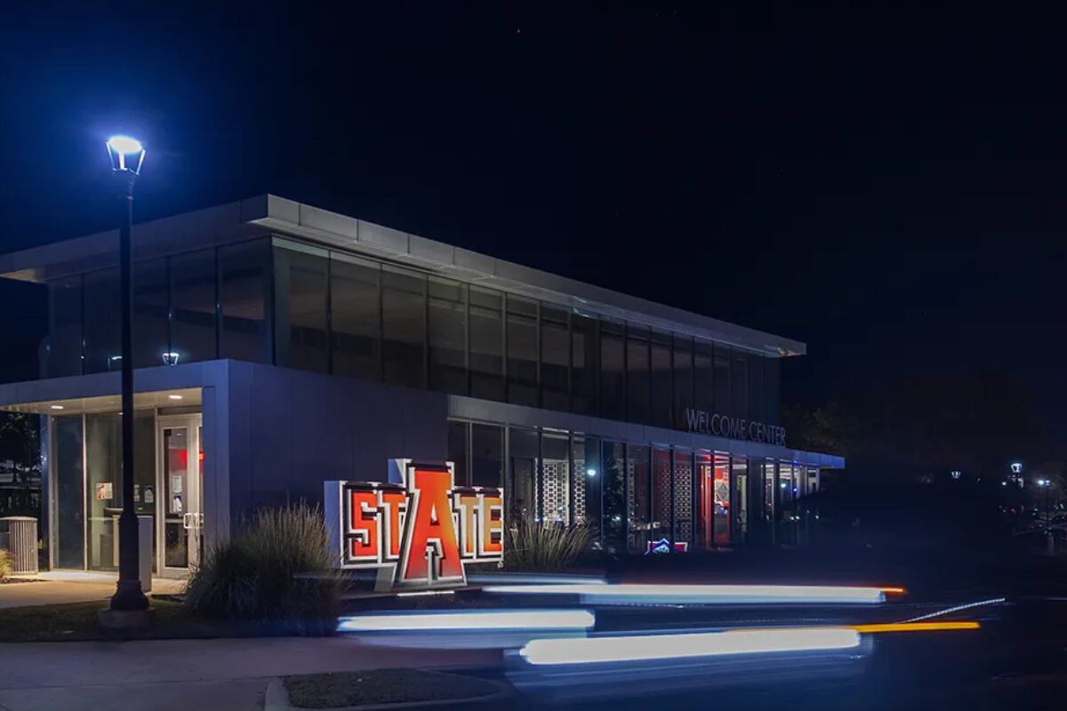A-State Welcome Center at night