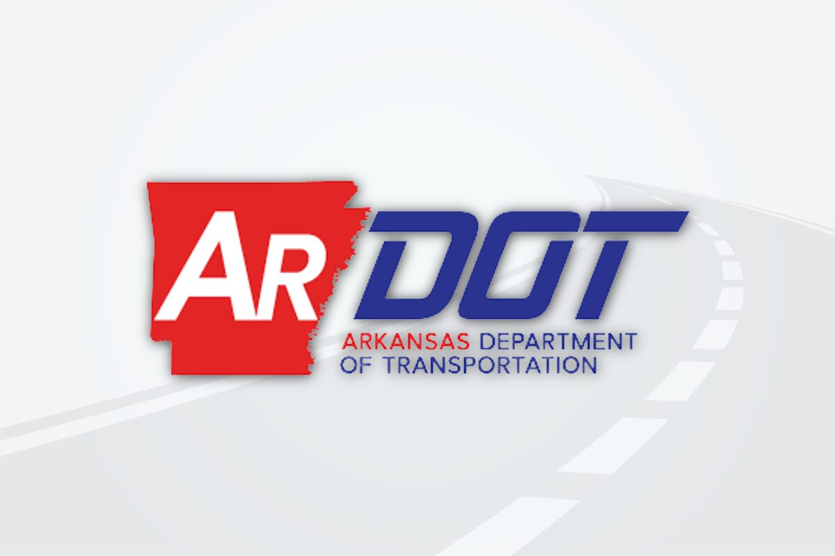 ARDOT logo featuring a red 'AR' block and blue 'DOT' lettering with the caption 'Arkansas Department of Transportation' and a curved road motif in the background.