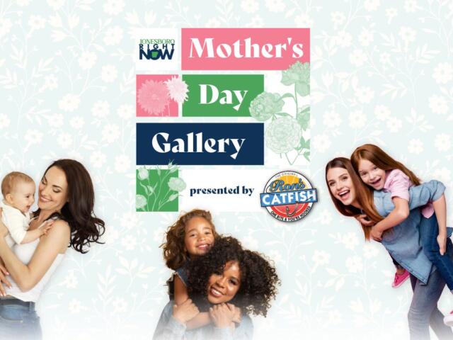 Colorful graphic reading 'Mother's Day Gallery' with 'presented by Ron's Catfish' and smiling mothers with children against a pastel floral background, celebrating Mother's Day events.
