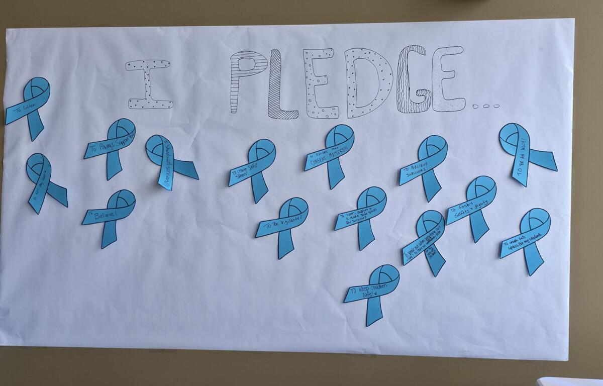 White banner with the word 'I PLEDGE...' in large decorative letters and many blue ribbon cutouts bearing handwritten safety pledges attached to the banner.