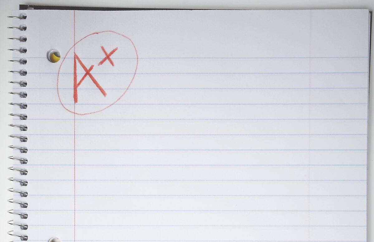 Red pen annotation on a spiral notebook page: letters 'A' and 'X' circled in red ink.