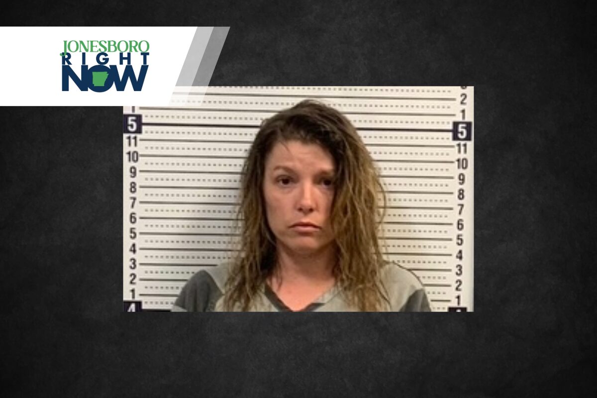 Mugshot of a woman in front of a height chart, with Jonesboro Right Now logo in the top left corner.