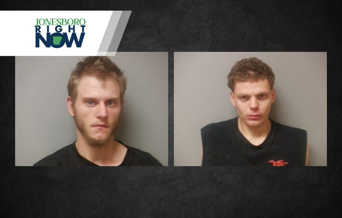 Two mugshots of young men wearing black shirts, shown side by side on a dark background with a Jonesboro Right Now banner in the corner.