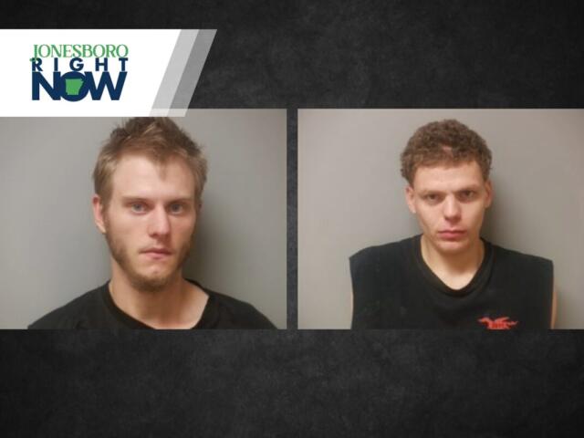 Two mugshots of young men wearing black shirts, shown side by side on a dark background with a Jonesboro Right Now banner in the corner.