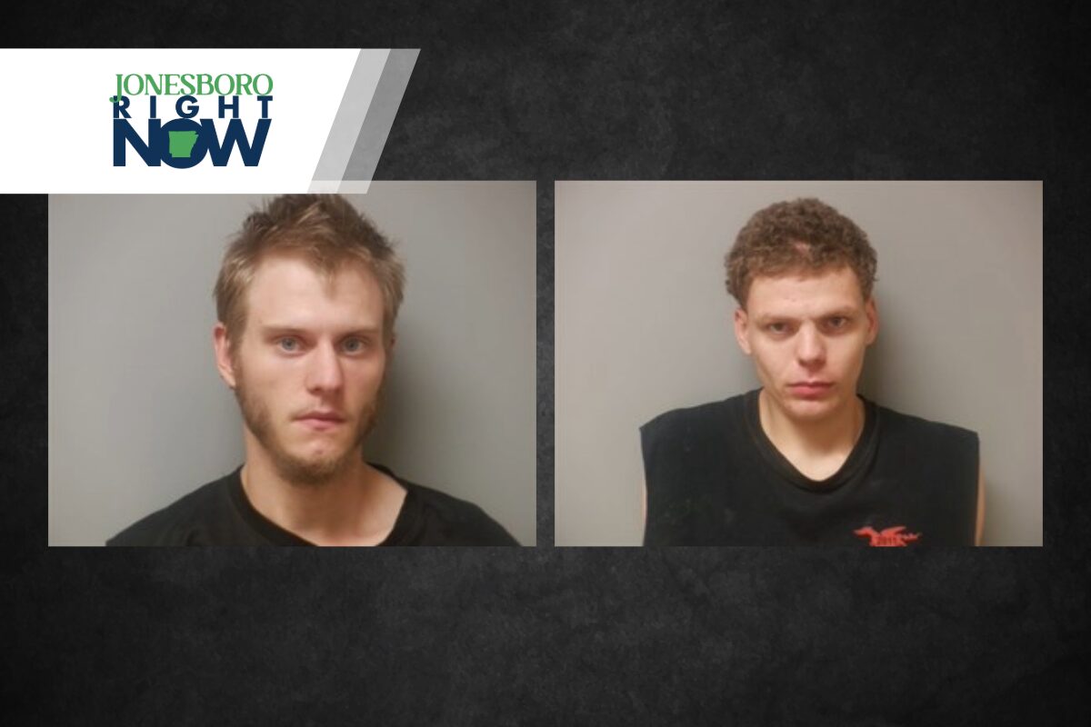 Two mugshots of young men wearing black shirts, shown side by side on a dark background with a Jonesboro Right Now banner in the corner.