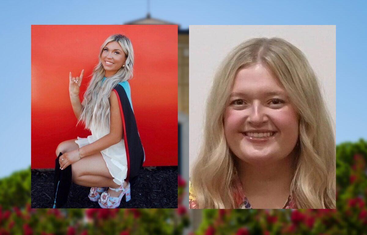 Two portrait photos of blond women placed side by side on a blue background with a garden scene blurred underneath; left woman kneeling in white dress with a colorful cape, making a rock-on gesture, right woman smiling in a close-up headshot.