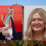 Two portrait photos of blond women placed side by side on a blue background with a garden scene blurred underneath; left woman kneeling in white dress with a colorful cape, making a rock-on gesture, right woman smiling in a close-up headshot.