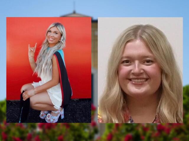 Two portrait photos of blond women placed side by side on a blue background with a garden scene blurred underneath; left woman kneeling in white dress with a colorful cape, making a rock-on gesture, right woman smiling in a close-up headshot.