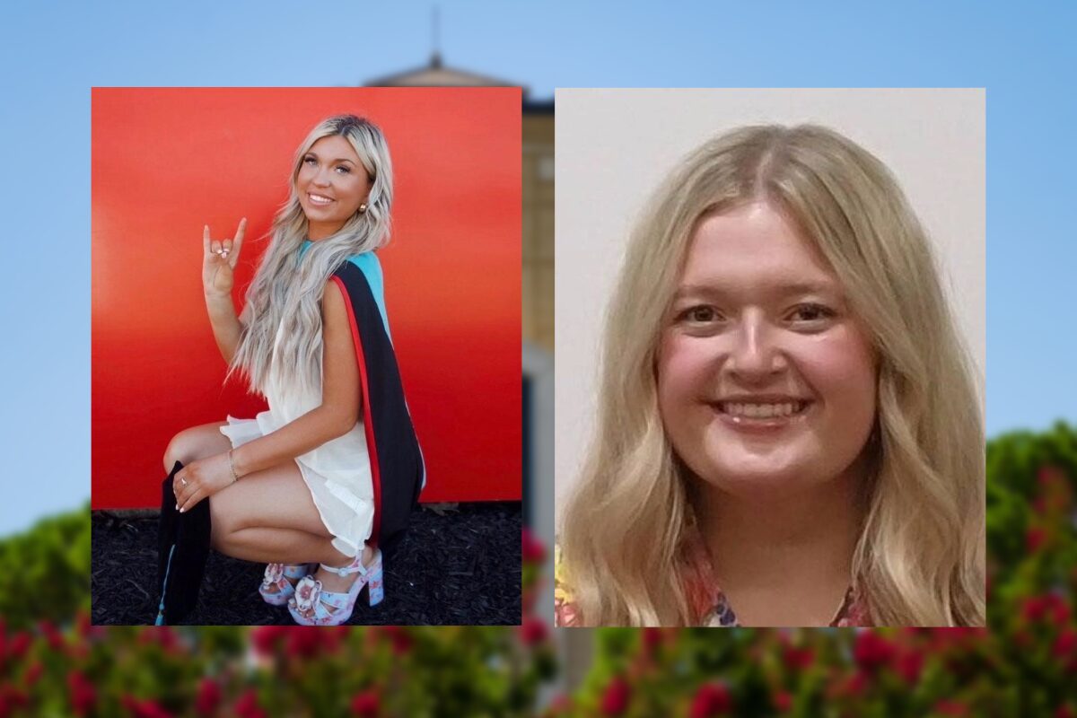Two portrait photos of blond women placed side by side on a blue background with a garden scene blurred underneath; left woman kneeling in white dress with a colorful cape, making a rock-on gesture, right woman smiling in a close-up headshot.
