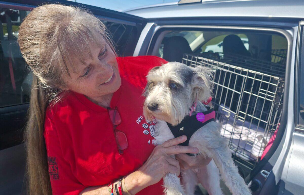older woman with long hair in a red shirt holding a rescue dog