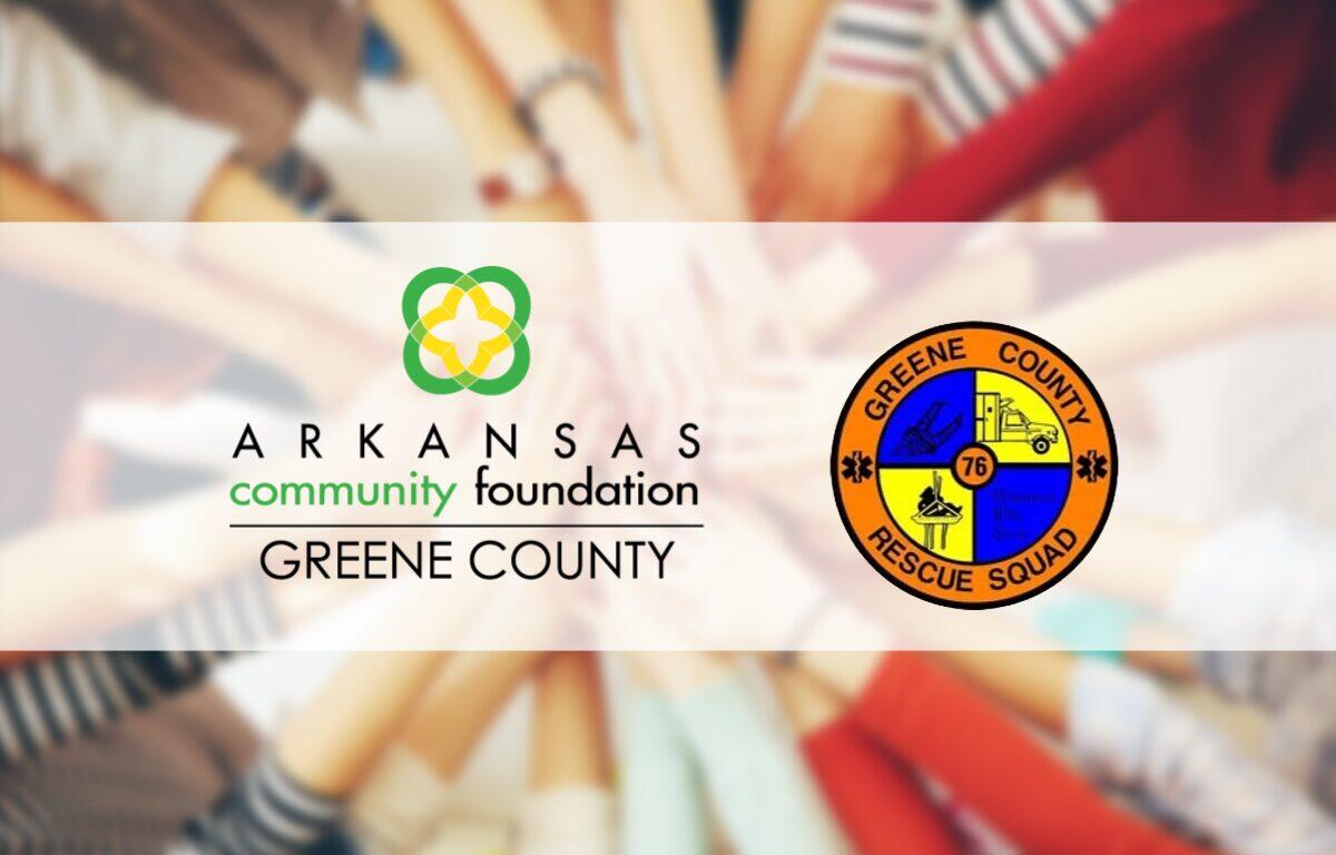 Arkansas Community Foundation Greene County logo on the left and Greene County Rescue Squad emblem on the right, with a blurred colorful background.